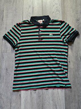 Lacoste LIVE Mens Polo Shirt Size 5 Medium Black Striped Teal Pink Pique Short